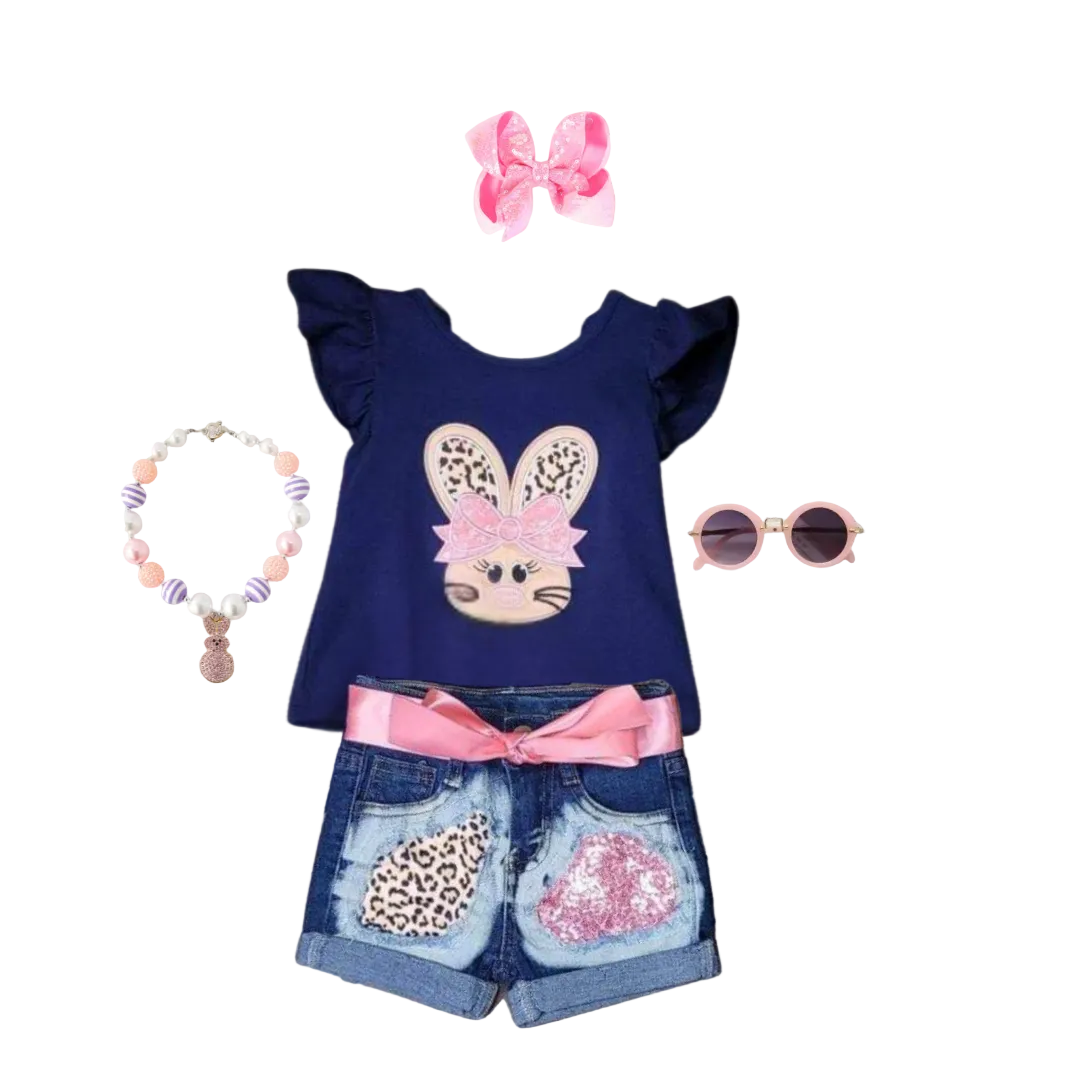 easter outfit, girls easter outfit, kids easter shorts set, pink sequin and leopard print easter short set, kids boutique easter outfits, denim easter outfits, bunny easter outfit for girls