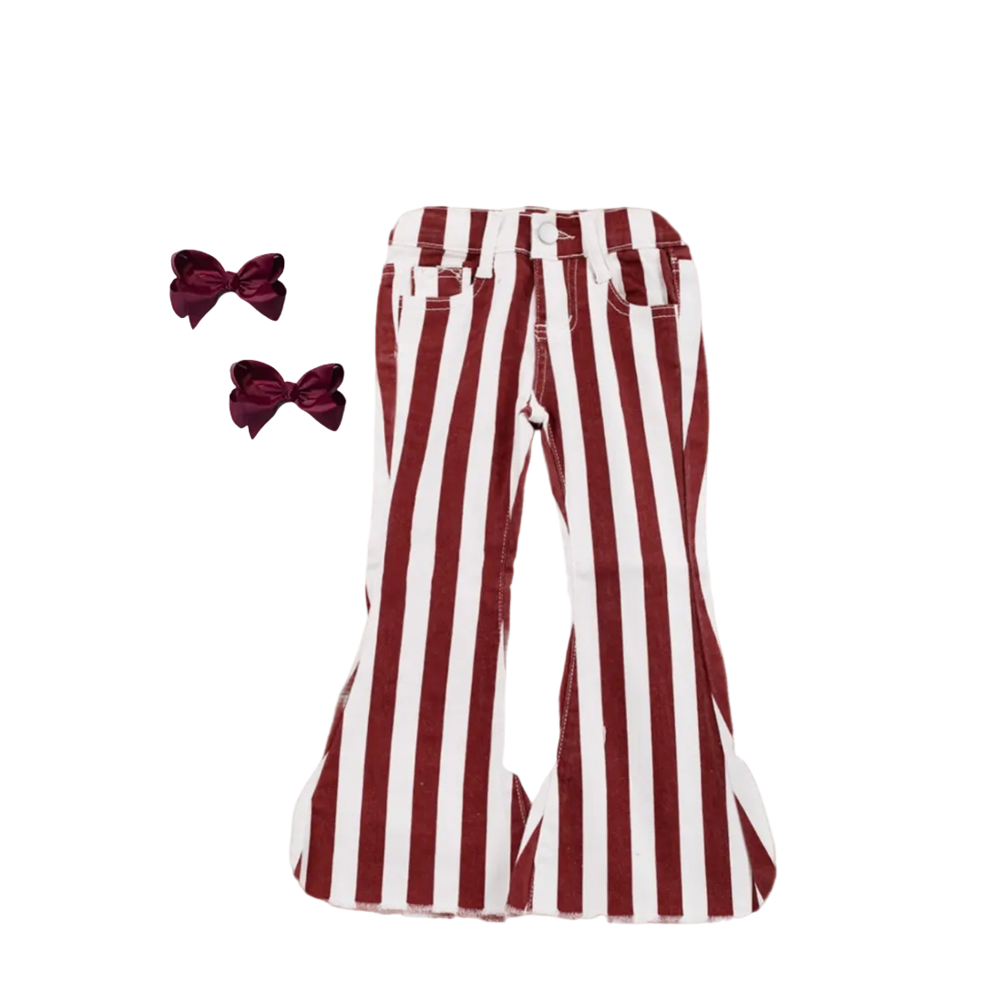 maroon and white  burgundy striped pants jeans, fall, halloween, festive kids boutique jeans, kids pants, kids outfits, trendy kids children's jeans, burgundy girl's jeans, kids online boutique clothing, flair bell bottom jeans for girls, girl's western jeans, girl's jeans for rodeo kids western and rodeo jeans online kids boutique clothing