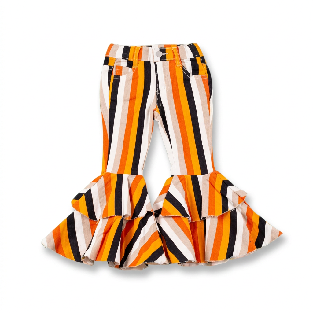 Girls orange, yellow, and black striped tiered ruffle bell bottom jeans for fall and Halloween, Toddler girls candy corn stripe flare jeans featuring double tiered ruffle hem, kids online boutique jeans, girls jeans for fall, kids boutique clothing