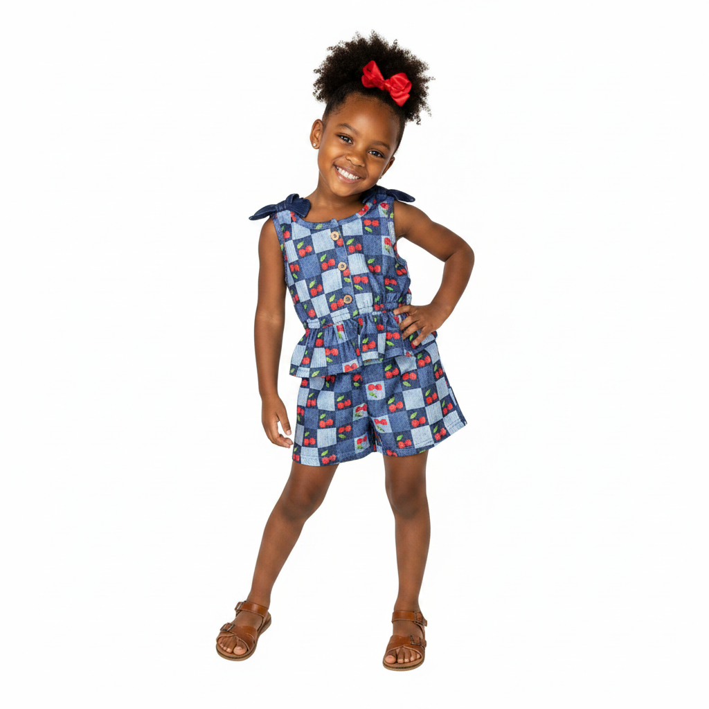 Girl's Blue Checkered Cherry Print Romper Peplum Romper