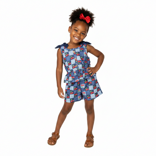 Girl's Blue Checkered Cherry Print Romper Peplum Romper
