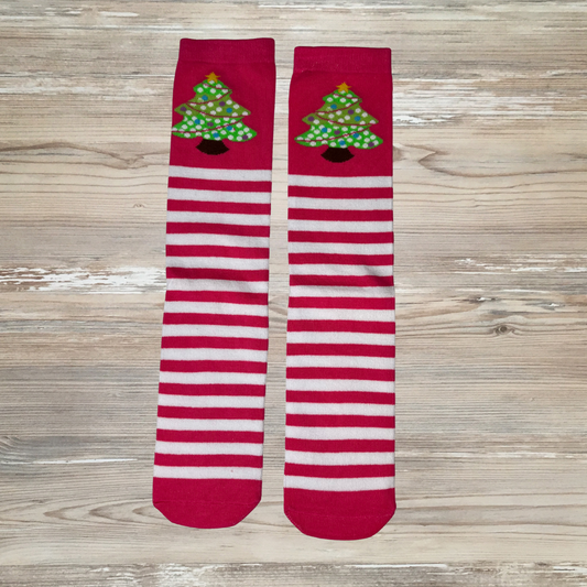 christmas tree girl socks, christmas socks, knee high socks, cut fun holiday socks