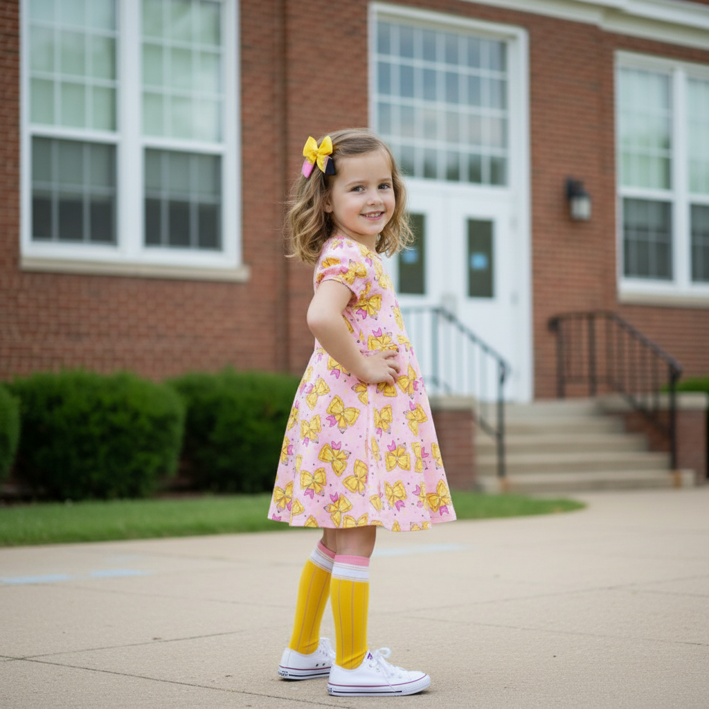 Pink coquet-style girls dress with yellow pencil-themed bows and pink stars, short sleeves, and matching yellow pencil hair bows – perfect for back-to-school outfits, pencil coquet bow girls dress, girls online boutique