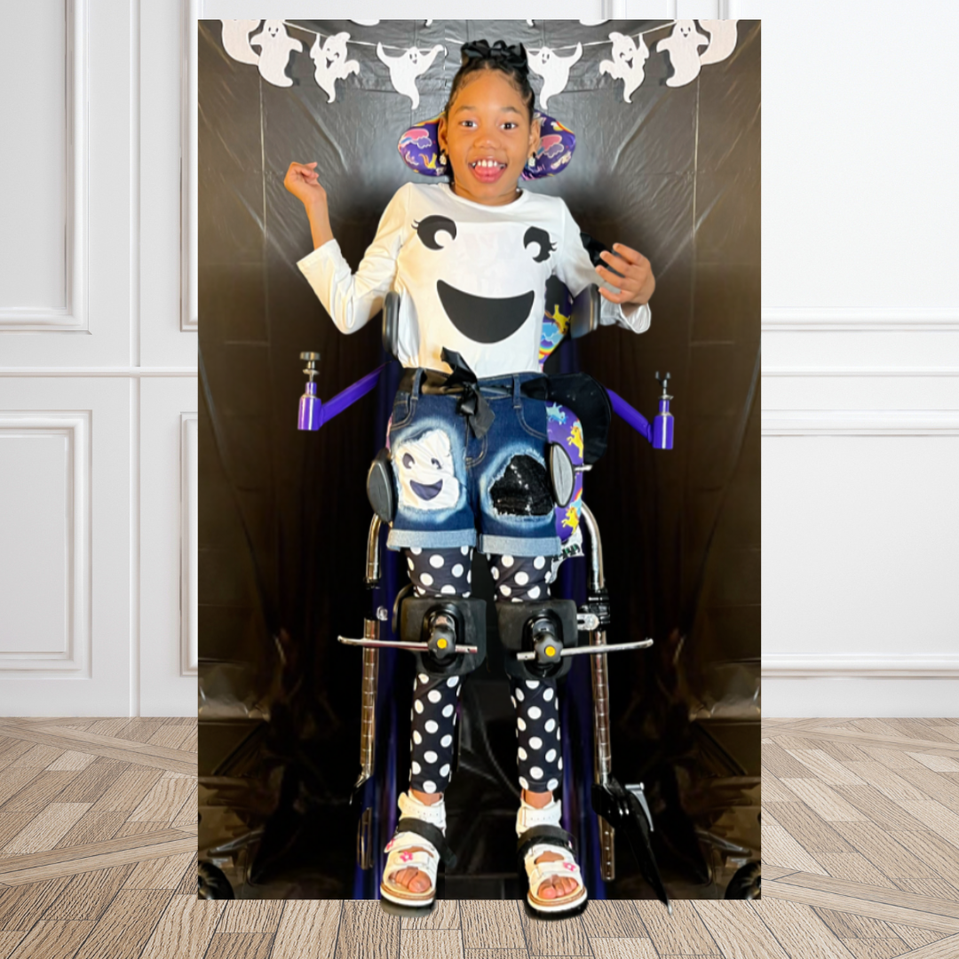 Trendy girls Halloween outfit with smiling ghost shirt, sparkly patch denim shorts, and black-and-white polka dot leggings, cute ghost outfit kids boutique , Halloween-themed girls clothing set with ghost print shirt, happy ghost, disability awareness, kids, girls halloween outfit costume