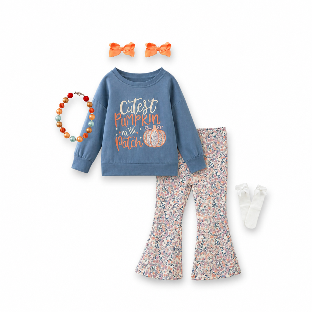 girls cutest pumpkin in the patch, pumpkin patch outfit, girls fall pumpkin outfit, online kids boutique, kids boutique clothing, meet me at the pumpkin patch, meet me at the pumpkin patch outfit, cutest pumpkin in the patch outfit, girls fall pant set, toddler pumpkin outfit, girls thanksgiving outfit, fall floral bell bottoms, kids boutique fall clothes, girls flare pant set, fall graphic sweatshirt for girls, toddler fall photoshoot outfit, girls back bow sweatshirt, dusty blue pumpkin outfit, boutique
