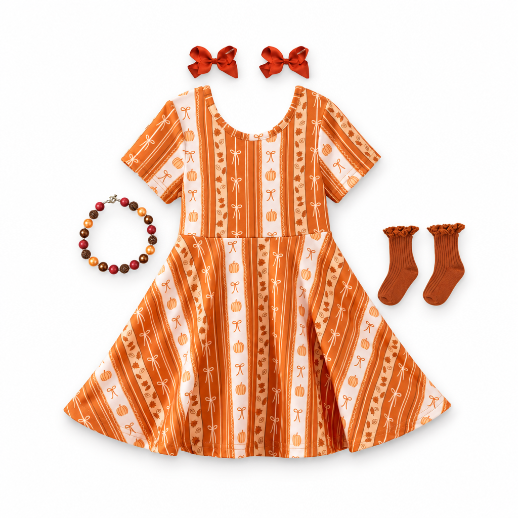 all things fall, girls fall dress, pumpkin bow fall dress, kids online boutique store, kids online boutique clothing, fall coquette dress, pumpkin fall coquette dress, fall dresses for girls, pumpkin spice dress, autumn dress for girls, Girls Fall Dress, Fall Twirl Dress, Pumpkin Patch Outfit, Thanksgiving Dress for Girls, Boutique Kids Clothing, Fall Toddler Dress, Coquette Fall Dress, Pumpkin and Bow Dress, Orange Striped Twirl Dress, Short Sleeve Dress, Kids Dress, Autumn Boutique Dress