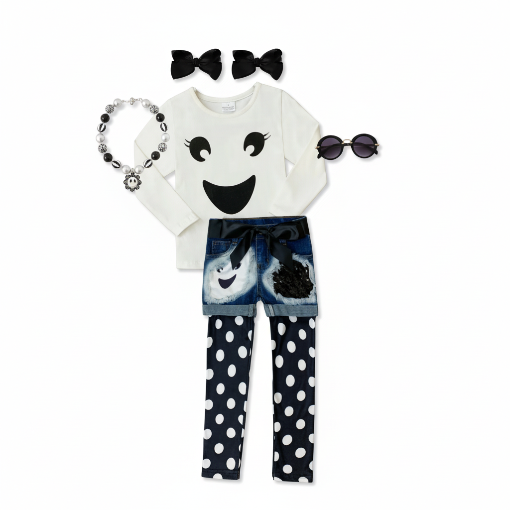 Trendy girls Halloween outfit with smiling ghost shirt, sparkly patch denim shorts, and black-and-white polka dot leggings, cute ghost outfit kids boutique , Halloween-themed girls clothing set with ghost print shirt, happy ghost, 