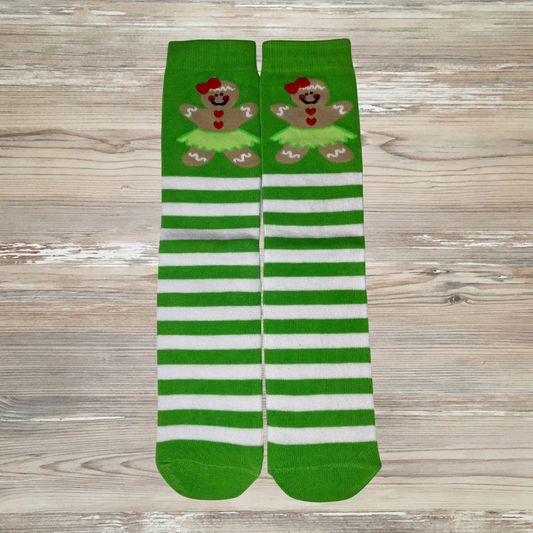 gingerbread girl socks, christmas socks, knee high socks, fun cute holiday socks