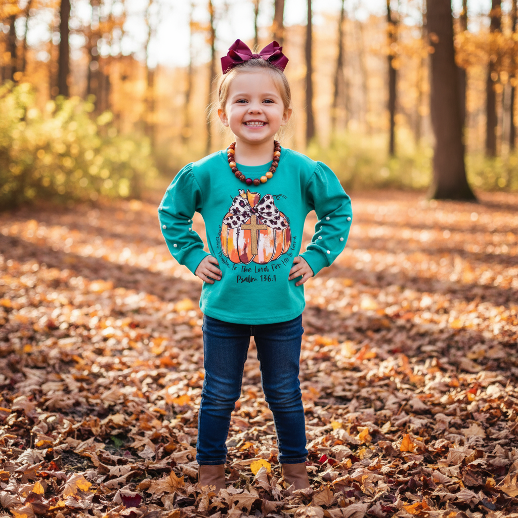 girl's long sleeve top with pumpkin and cross graphic, leopard-print bow, pearl sleeve detail, and Psalm 136:1 scripture. Girl's boutique fashion top for holidays, thanksgiving, christian clothing give thanks to the lord, girl's thanksgiving top shirt trending trendy, kids online boutique