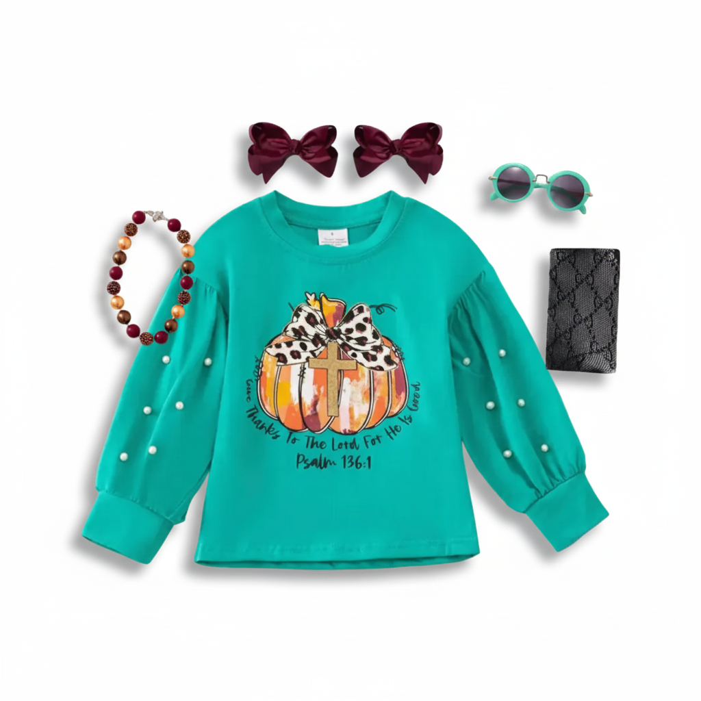 give thanks to the lord for he is good, girl's top, girl's fashionable give thanks top, kids fashion online boutique, pearl detailed top for girls, psalm 136:1 kids boutique, teal top, stylish girls top
