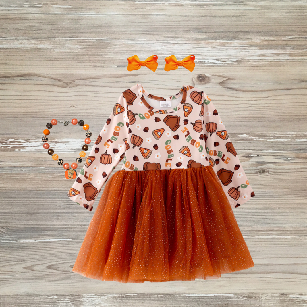 gobble thanksgiving kids dress, thanksgiving kids dress gobble til you wobble holiday style dresses, just here for the pie, pumpkin spice thanksgiving day outfit