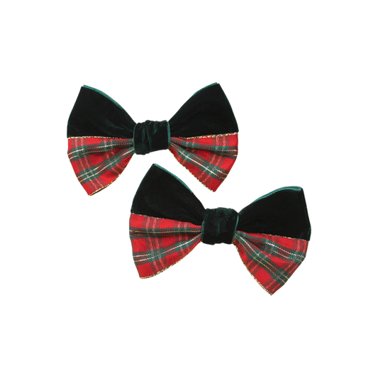 Green velvet and red plaid boutique hair bow with classic Christmas tartan girls plaid Christmas hair bows, velvet christmas hair bows for girls, traditional christrmas plaid hair bow, online kids boutique hair bows