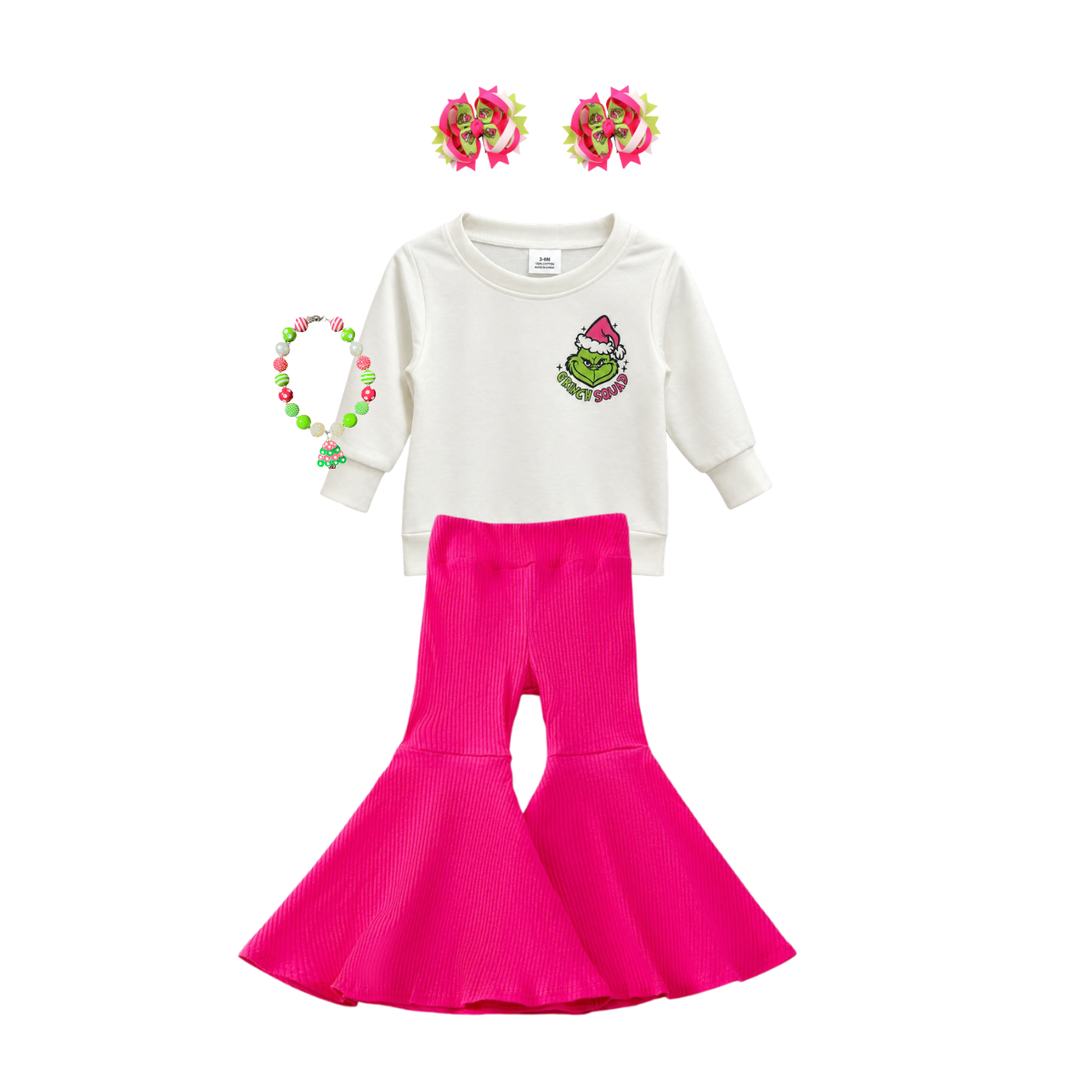 girls grinch christmas outfit, pink christmas outfit for girls, online boutique clothing, grinch squad outfit, baby and kids boutique clothing, grinch outfit for kids, pink grinch, grinch squad outfit, girls christmas outfit, kids christmas flare pants set, girls bell bottom holiday set, hot pink ribbed flare pants, toddler grinch clothes, girls holiday sweatshirt and pants, girls 2 piece christmas set, grinch boutique outfit, girls winter holiday clothes, pink grinch outfit kids, cindy lou who 