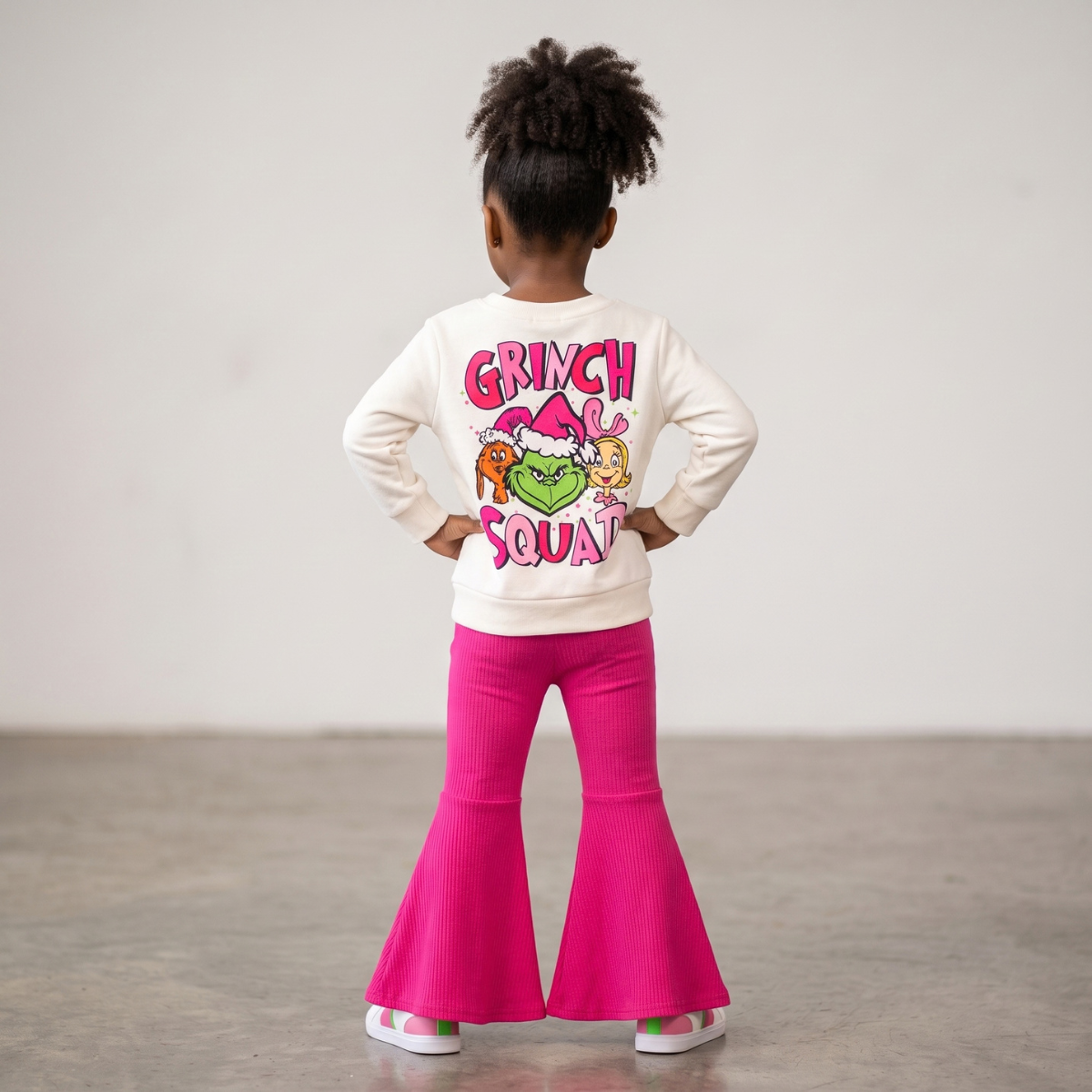 girls grinch christmas outfit, pink christmas outfit for girls, online boutique clothing, grinch squad outfit, baby and kids boutique clothing, grinch outfit for kids, pink grinch, grinch squad outfit, girls christmas outfit, kids christmas flare pants set, girls bell bottom holiday set, hot pink ribbed flare pants, toddler grinch clothes, girls holiday sweatshirt and pants, girls 2 piece christmas set, grinch boutique outfit, girls winter holiday clothes, pink grinch outfit kids, cindy lou who 