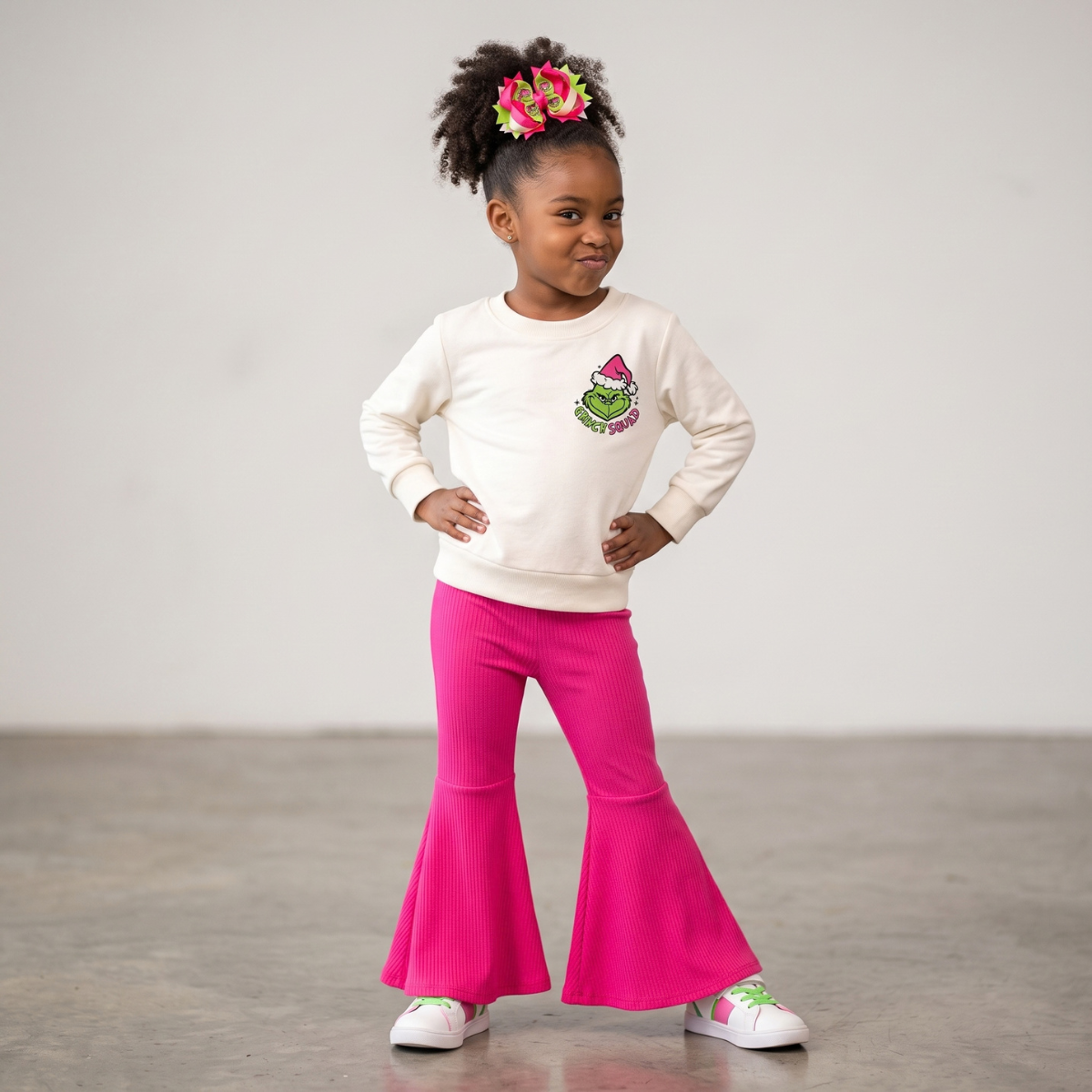 girls grinch christmas outfit, pink christmas outfit for girls, online boutique clothing, grinch squad outfit, baby and kids boutique clothing, grinch outfit for kids, pink grinch, grinch squad outfit, girls christmas outfit, kids christmas flare pants set, girls bell bottom holiday set, hot pink ribbed flare pants, toddler grinch clothes, girls holiday sweatshirt and pants, girls 2 piece christmas set, grinch boutique outfit, girls winter holiday clothes, pink grinch outfit kids, cindy lou who 