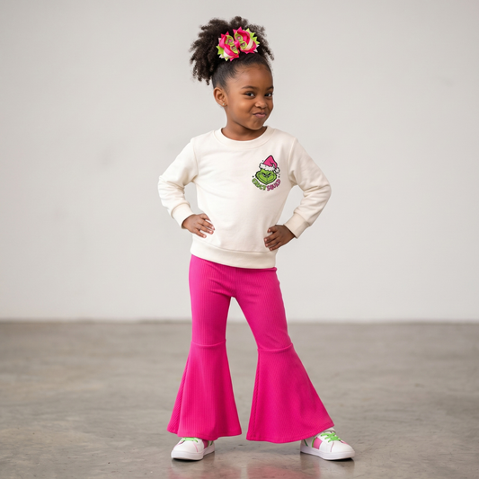 girls grinch christmas outfit, pink christmas outfit for girls, online boutique clothing, grinch squad outfit, baby and kids boutique clothing, grinch outfit for kids, pink grinch, grinch squad outfit, girls christmas outfit, kids christmas flare pants set, girls bell bottom holiday set, hot pink ribbed flare pants, toddler grinch clothes, girls holiday sweatshirt and pants, girls 2 piece christmas set, grinch boutique outfit, girls winter holiday clothes, pink grinch outfit kids, cindy lou who 