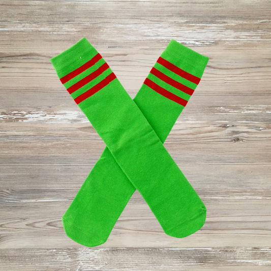 grinchmas socks, neon green stripe socks, green and red socks, christmas socks, girls socks, kids fun socks, knee high socks