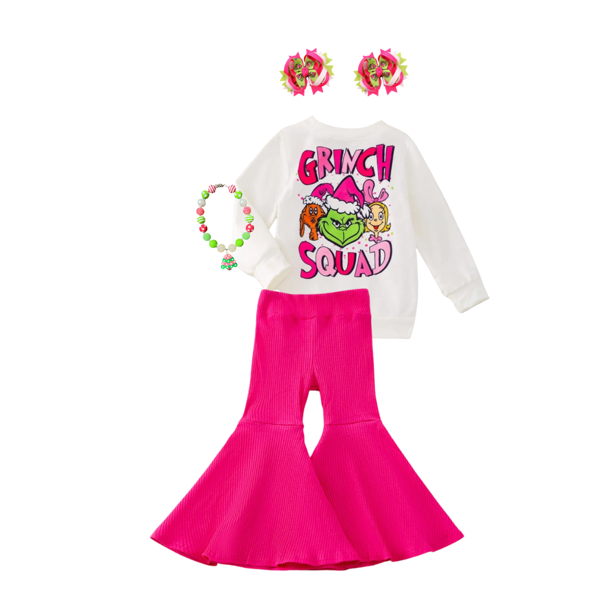 girls grinch christmas outfit, pink christmas outfit for girls, online boutique clothing, grinch squad outfit, baby and kids boutique clothing, grinch outfit for kids, pink grinch, grinch squad outfit, girls christmas outfit, kids christmas flare pants set, girls bell bottom holiday set, hot pink ribbed flare pants, toddler grinch clothes, girls holiday sweatshirt and pants, girls 2 piece christmas set, grinch boutique outfit, girls winter holiday clothes, pink grinch outfit kids, cindy lou who 