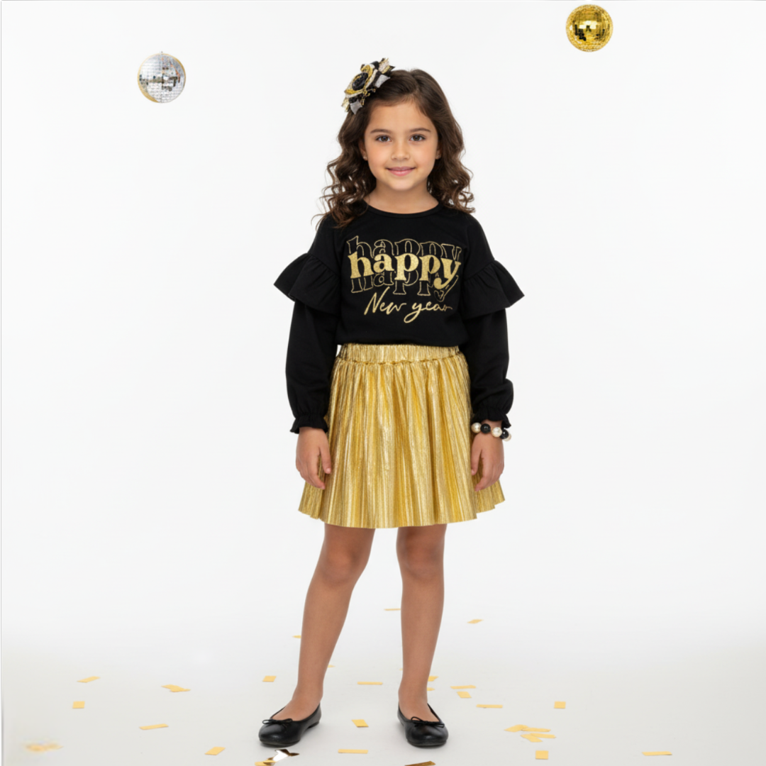 girl's new year outfit, girls happy new year outfit, black and gold new years outfits, kids online boutique trendy clothing for new years, happy new year outfit for kids, new year's eve outfit for girls, baby girl new year outfit for toddler and babies, children's boutique clothing