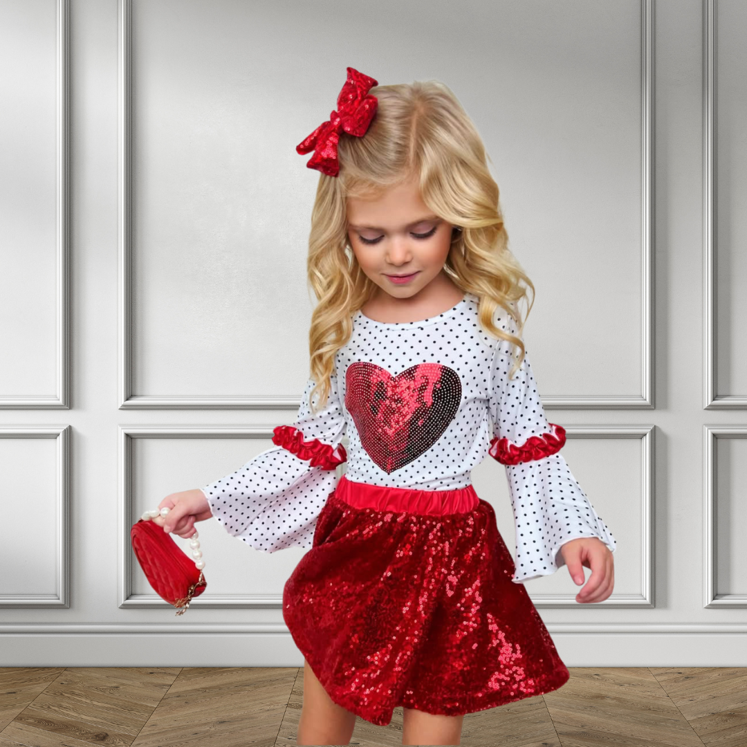 girls in a stylish Valentine's Day outfit with red glitter skirt and heart design top, sequin red valentine's day girls outfit trendy, kids boutique clothing, stylish red sequin skirt and white long-sleeve polka dot top with heart design,
