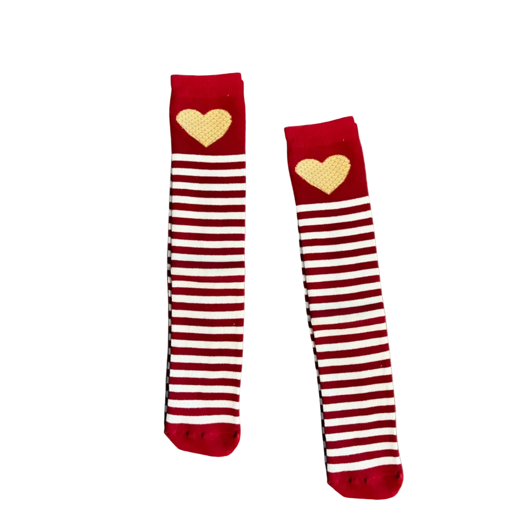 Red and white striped knee-high socks with a yellow heart design near the top valentine day socks, girls heart socks, girls valentine's day socks, knee high socks, girls boutique socks, girls holiday socks, kids online boutique, kids and baby boutique