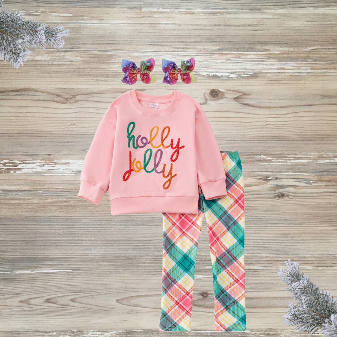 holly jolly vibes christmas outfit, holly jolly girls outfit, holly jolly christmas kids clothes, kids christmas clothes, girls holly jolly leggings outfit, plaid leggings outfit, online kids boutique