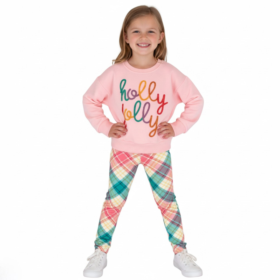 holly jolly christmas outfit, holly jolly girls outfit, holly jolly christmas kids clothes, kids christmas clothes, girls holly jolly leggings outfit, plaid leggings outfit, online kids boutique