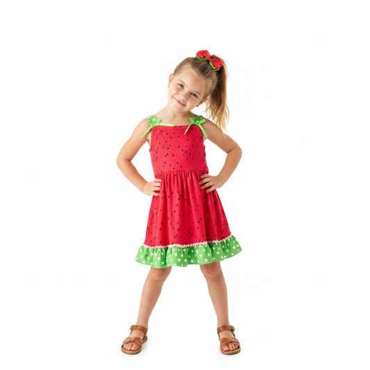 girl's dress with a black watermelon seed print and a green and white polka dot ruffled hemline, kids online boutique clothing, baby and kids online boutique, girl's watermelon seed print dress