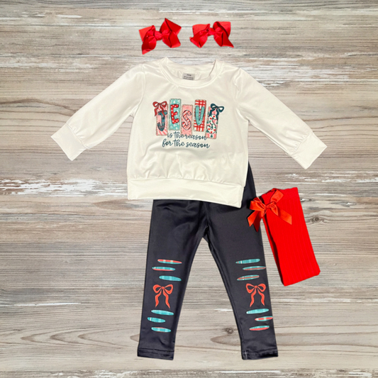 Girls Christmas outfit Jesus Is the Reason for the Season, coquette bow christmas outfit, online kids boutique clothing for christmas, faith based christmas girl's outfit, jesus is the reason for the season top