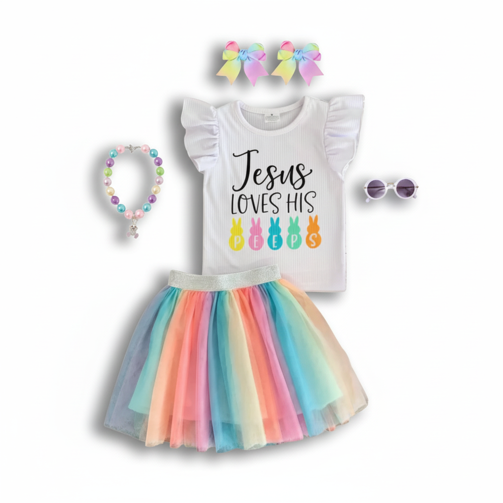 jesus loves his peeps, easter tutu skirt set, jesus loves his peeps, peeps easter kids outfit, tutu skirt, kids boutique clothings, girl's easter skirt outfit, online girl's easter outfit tutu skirt