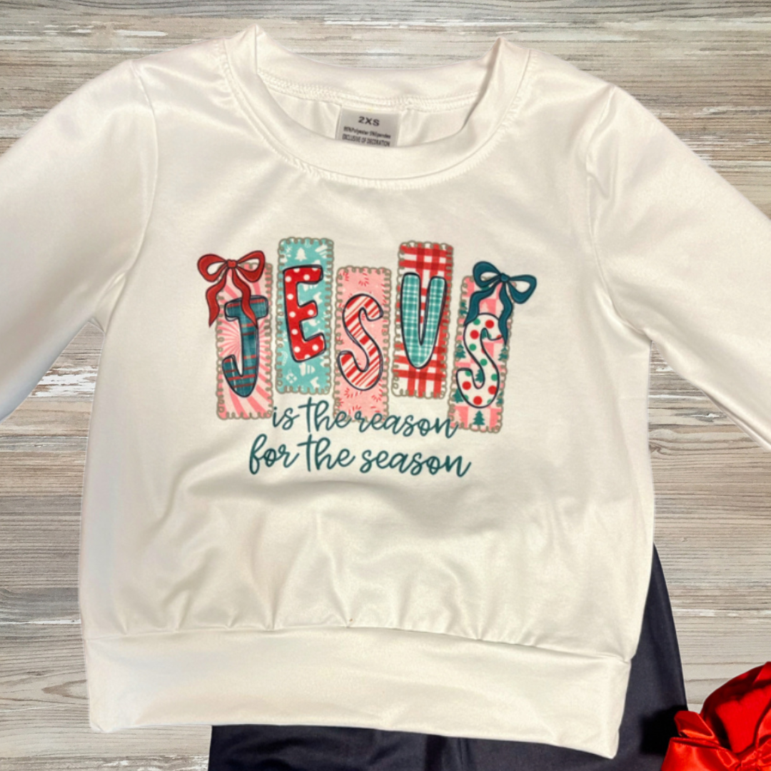 Girls Christmas outfit Jesus Is the Reason for the Season, coquette bow christmas outfit, online kids boutique clothing for christmas, faith based christmas girl's outfit, jesus is the reason for the season top
