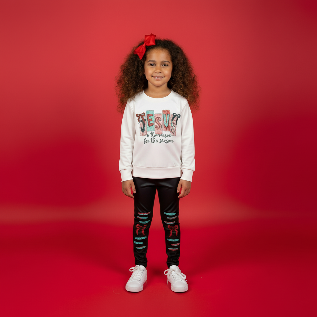 Girls Christmas outfit Jesus Is the Reason for the Season, coquette bow christmas outfit, online kids boutique clothing for christmas, faith based christmas girl's outfit, jesus is the reason for the season top