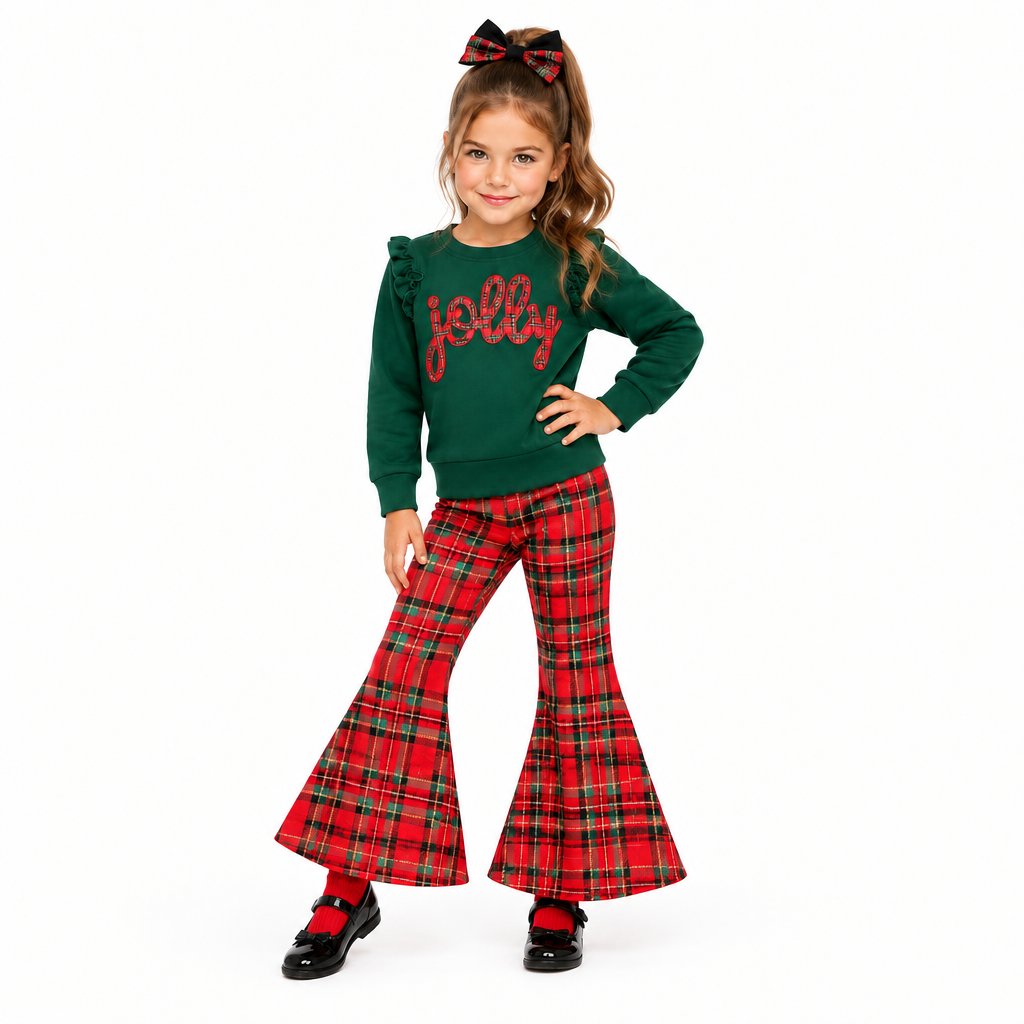 girls jolly plaid christmas outfit, plaid christmas outfit for kids, online kids boutique, kids boutique clothing, jolly christmas outfit, girls christmas outfit, toddler holiday clothes, jolly sweatshirt, plaid bell bottoms, kids christmas flare pants, girls holiday sets, tartan plaid pants, christmas morning outfit, boutique holiday drop, santa photoshoot outfit, toddler winter fashion, girls boutique clothing