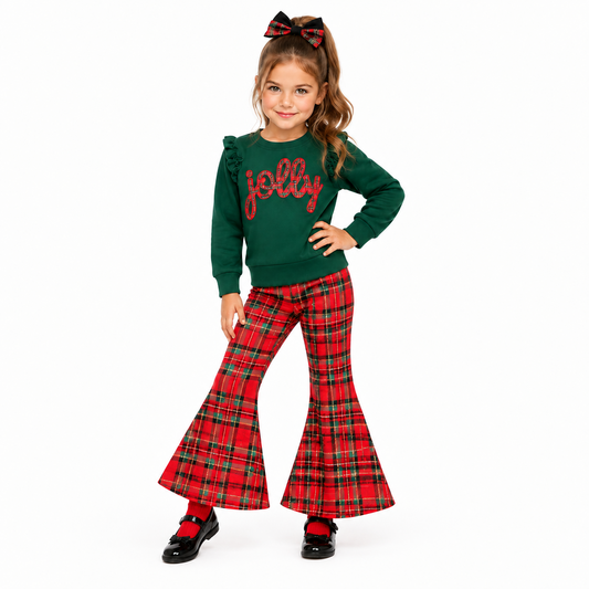 girls jolly plaid christmas outfit, plaid christmas outfit for kids, online kids boutique, kids boutique clothing, jolly christmas outfit, girls christmas outfit, toddler holiday clothes, jolly sweatshirt, plaid bell bottoms, kids christmas flare pants, girls holiday sets, tartan plaid pants, christmas morning outfit, boutique holiday drop, santa photoshoot outfit, toddler winter fashion, girls boutique clothing