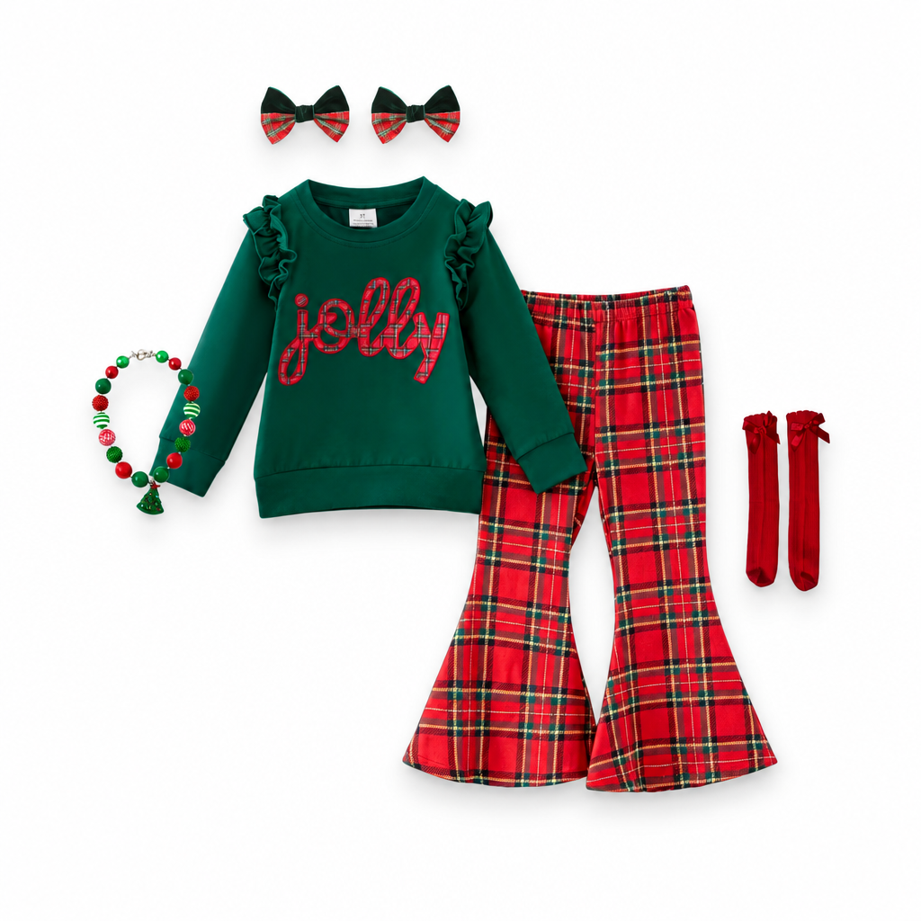 girls jolly plaid christmas outfit, plaid christmas outfit for kids, online kids boutique, kids boutique clothing, jolly christmas outfit, girls christmas outfit, toddler holiday clothes, jolly sweatshirt, plaid bell bottoms, kids christmas flare pants, girls holiday sets, tartan plaid pants, christmas morning outfit, boutique holiday drop, santa photoshoot outfit, toddler winter fashion, girls boutique clothing