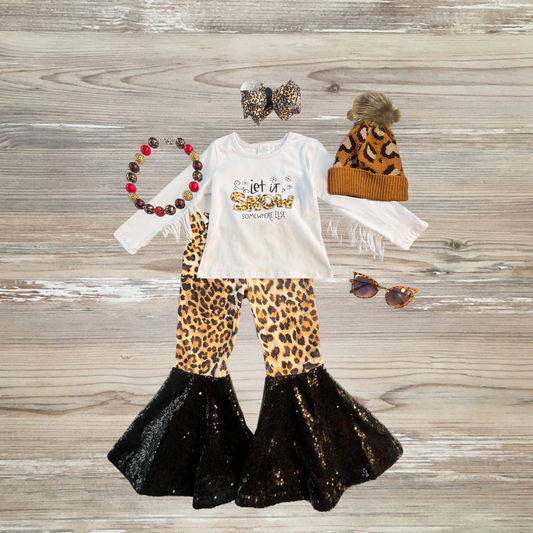 let it snow outfit, let it snow somewhere else, girls sequin pant set cheetah outfit, girls boutique clothing 