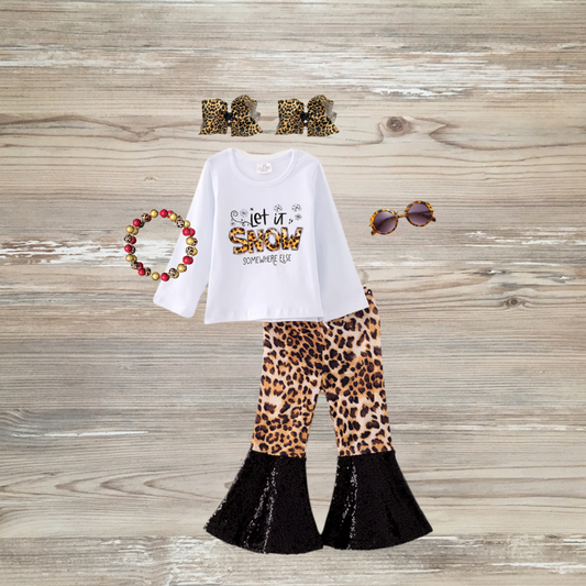 let it snow outfit, let it snow somewhere else, girls sequin pant set cheetah outfit, girls boutique clothing  leopard print