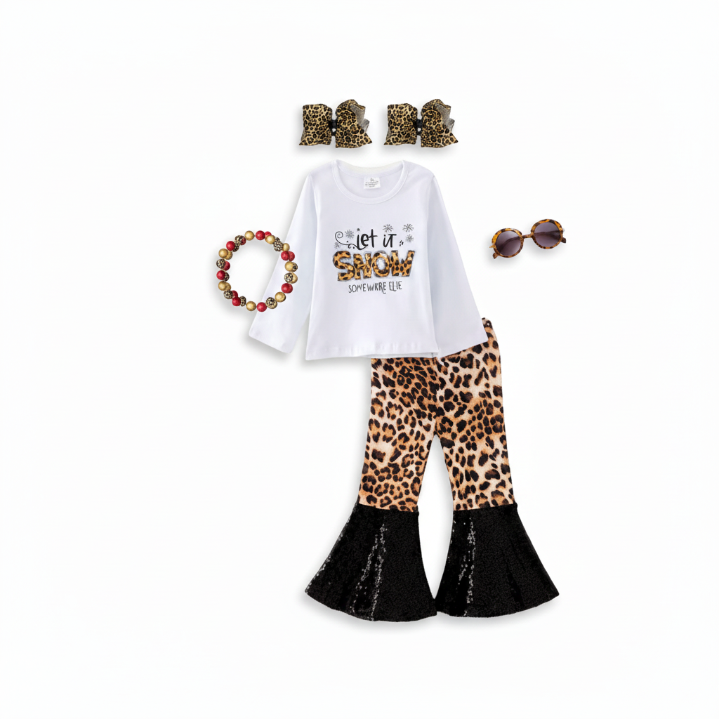 let it snow outfit, let it snow somewhere else, girls sequin pant set cheetah outfit, girls boutique clothing  leopard print, kids online boutique, girl's let it snow outfit, girls let it snow somewhere else christmas outfit
