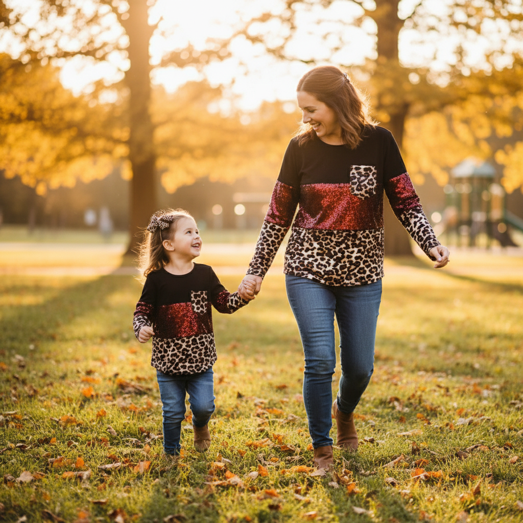 Matching mommy and me tops, mamma and mini tops, fall matching family tops, kids boutique clothing black, maroon sequin, and leopard print mommy and me fall tops, mommy and me clothing