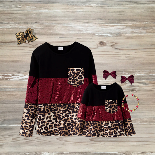 Matching mommy and me tops, mamma and mini tops, fall matching family tops, kids boutique clothing black, maroon sequin, and leopard print mommy and me fall tops, mommy and me clothing