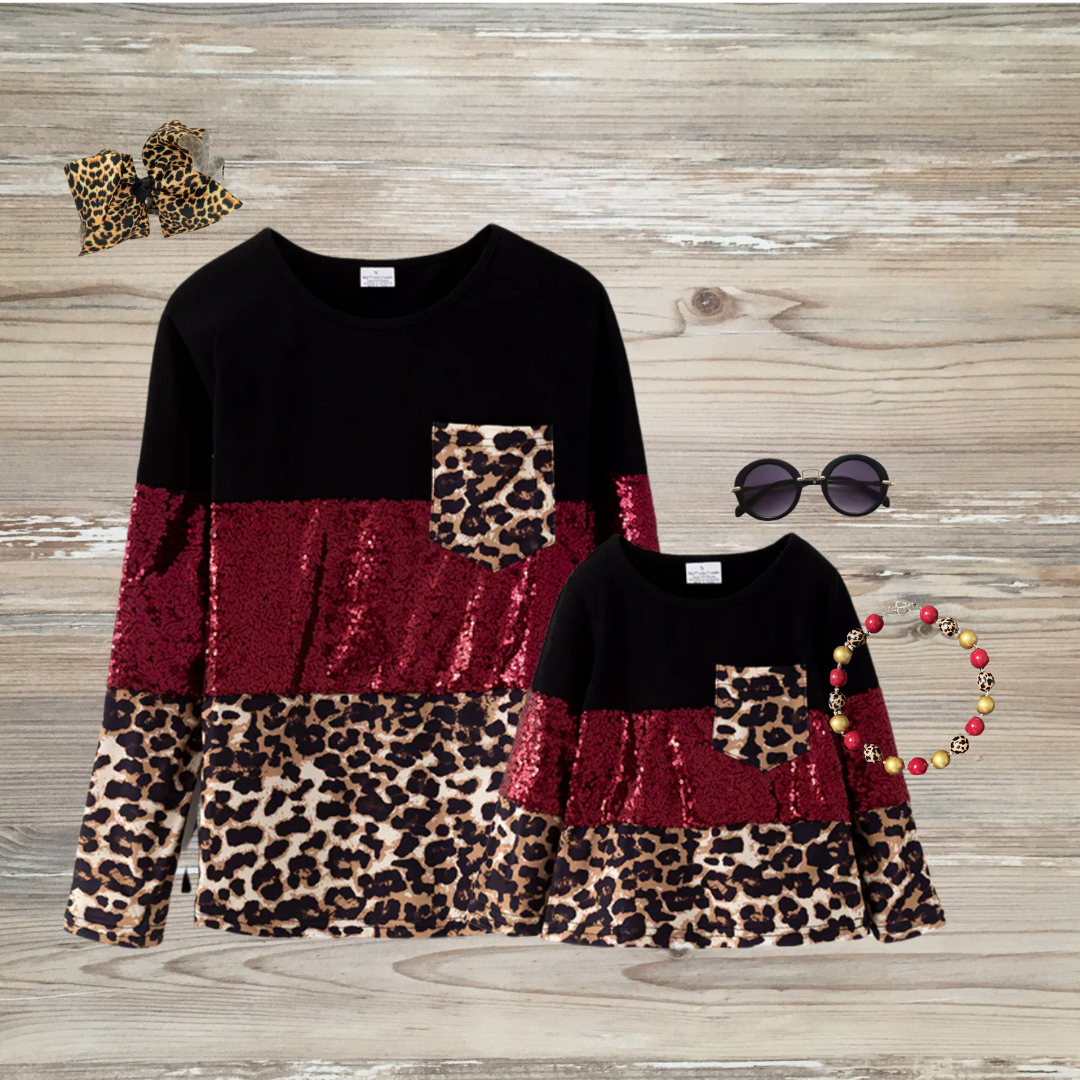 Matching mommy and me tops, mamma and mini tops, fall matching family tops, kids boutique clothing black, maroon sequin, and leopard print mommy and me fall tops, mommy and me clothing