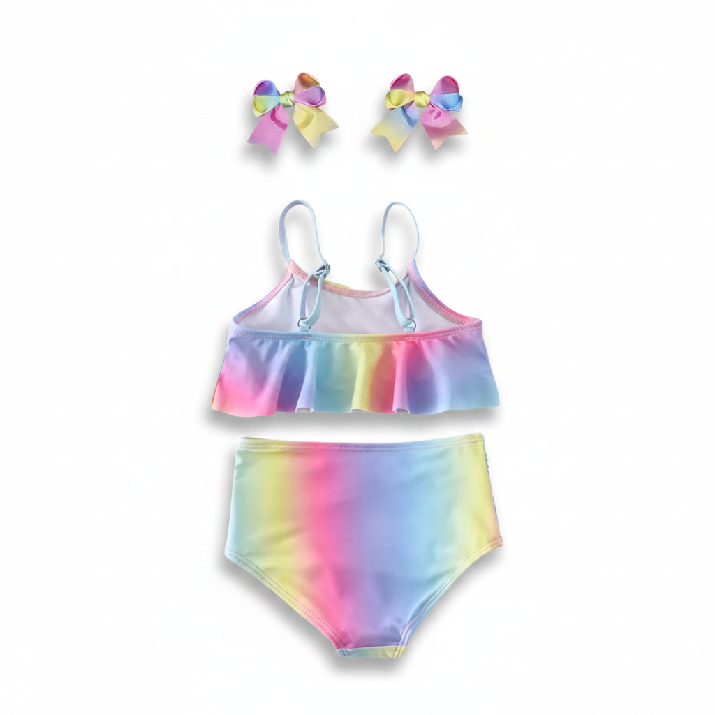 Pastel Rainbow Ombre 2-Piece Swimsuit Set bikini, girl's swimsuit, baby and kids swimsuits for summer, baby and kids online boutique clothing, high waist kids bikini swimsuit, girl's swimwear for summer, girl's high-waist swimming suit, girls bathing suit 