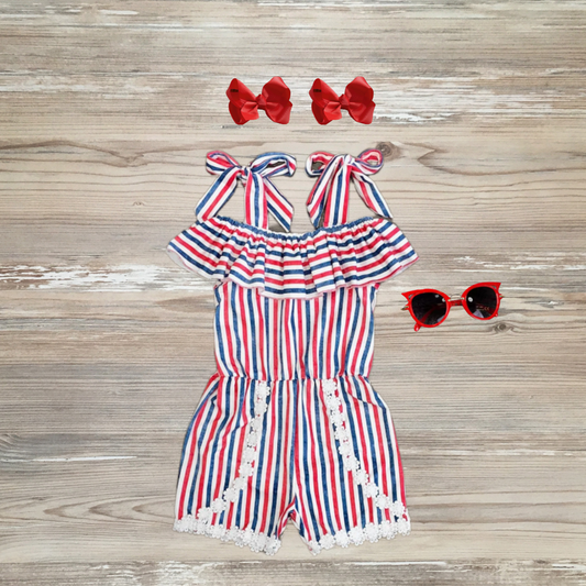 red white and blue tie romper, patriotic jumpsuit, red white and blue jumpsuit,  girls 4th of july outfit, girls labor day outfit girls memorial day outfit stripe jumpsuit, kids boutique clothing, disability awareness