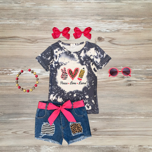 peace love learn back to school pencil short set denim back to school short set, tie-dye pink back to school girls outfits