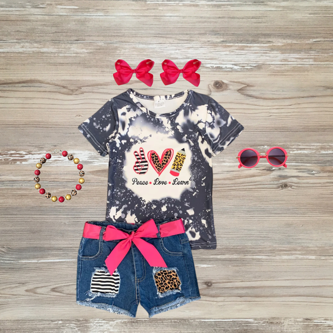 peace love learn back to school pencil short set denim back to school short set, tie-dye pink back to school girls outfits, back to school outfit, kids online boutique, girl's clothing
