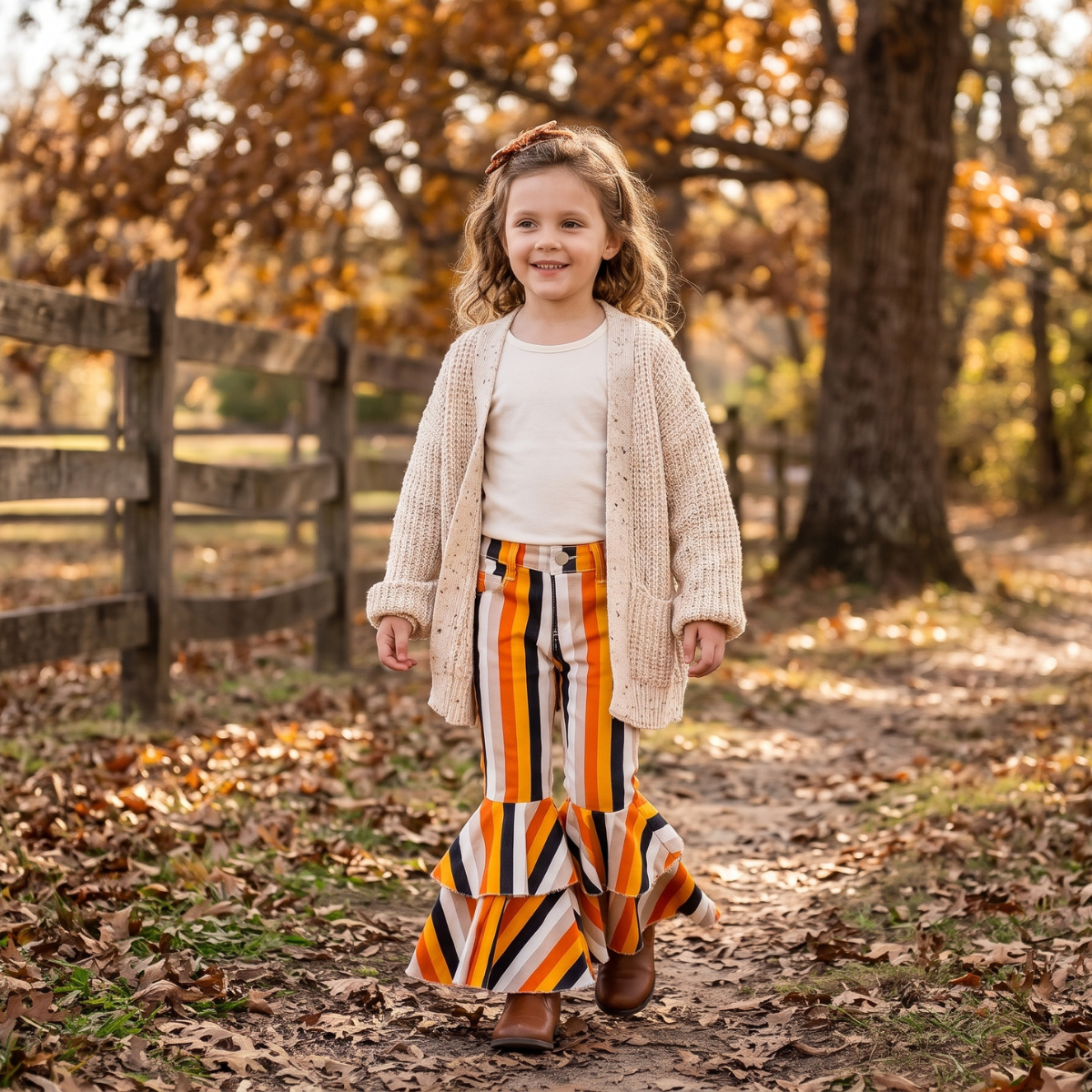 Girls orange, yellow, and black striped tiered ruffle bell bottom jeans for fall and Halloween, Toddler girls candy corn stripe flare jeans featuring double tiered ruffle hem, kids online boutique jeans, girls jeans for fall, kids boutique clothing
