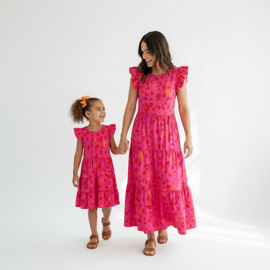 matching tiered dresses for mother and daughter a vibrant hot pink and orange leopard print, mommy and me dresses, mom and me dresses, online kids boutique, baby and kids online boutique, pink dresses summer and spring mommy and me fashion, mommy and me style