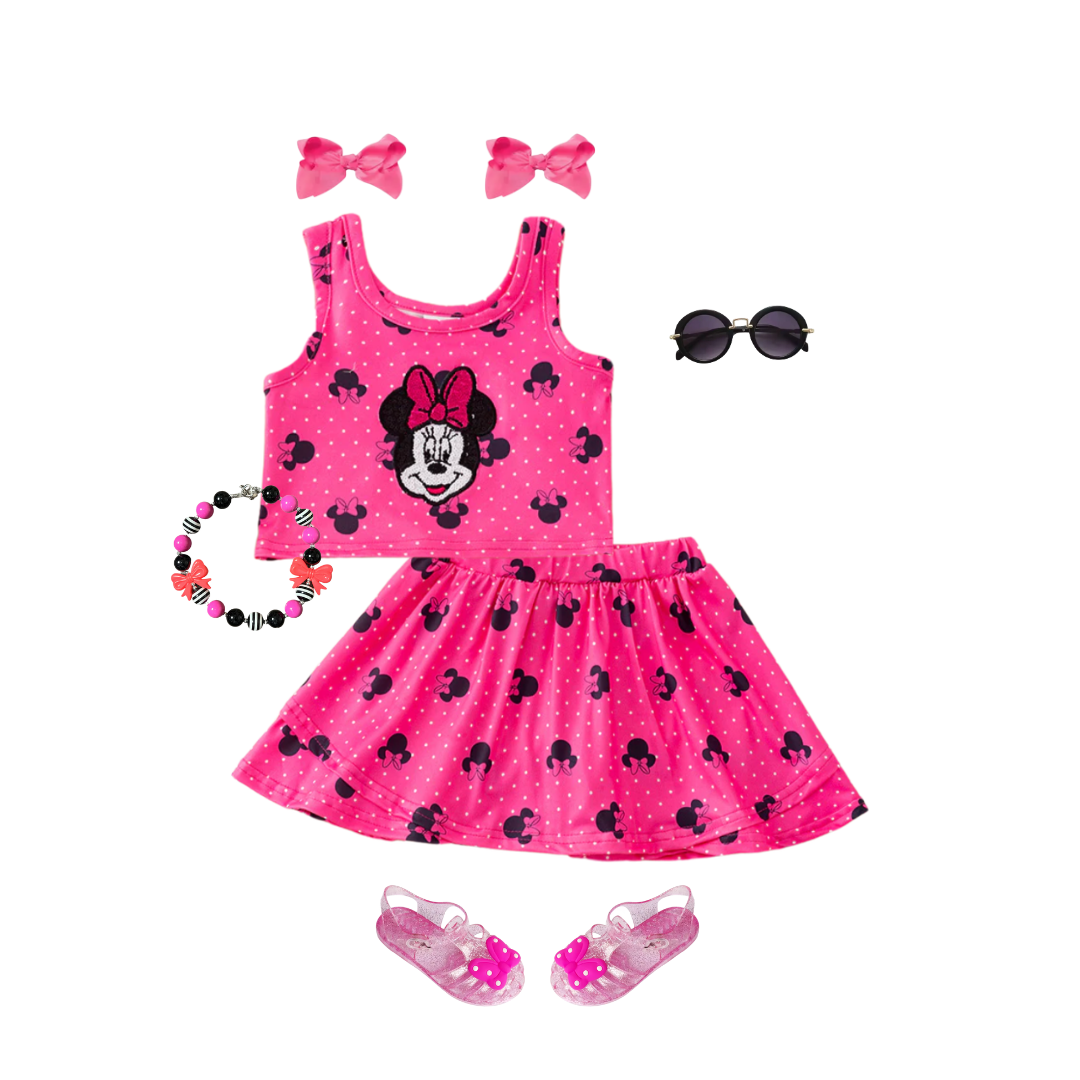 outfit for disney theme park, minnie mouse girls outfit, minnie mouse short set, Minnie Mouse skort set tiered skort disney character outfit for girls, online kids boutique disney clothing, pink Minnie Mouse outfit