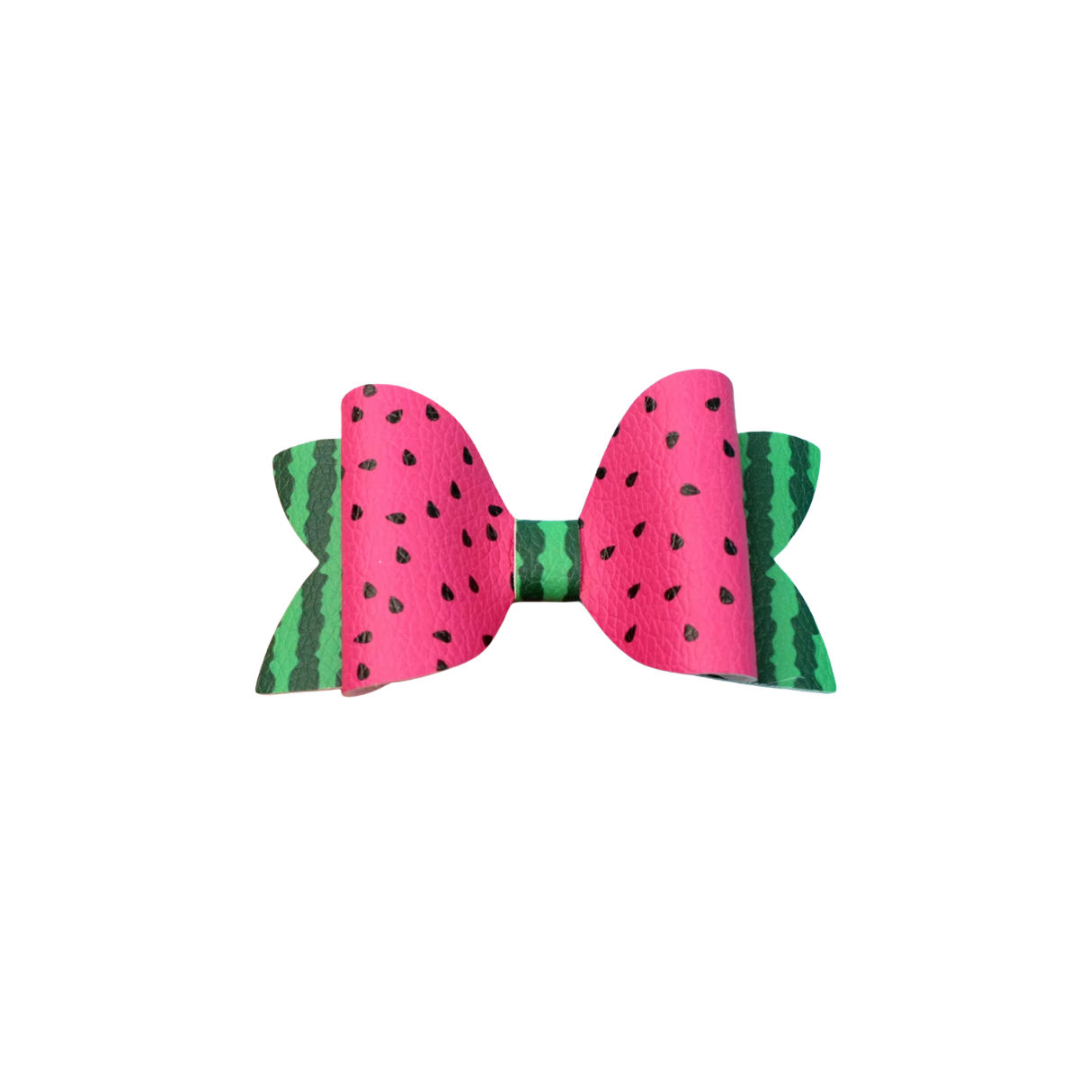 watermelon hair bow made of pink vegan leather with black seed print, kids boutique hair bows, children's online boutique, kids online boutique, pink watermelon hair bow