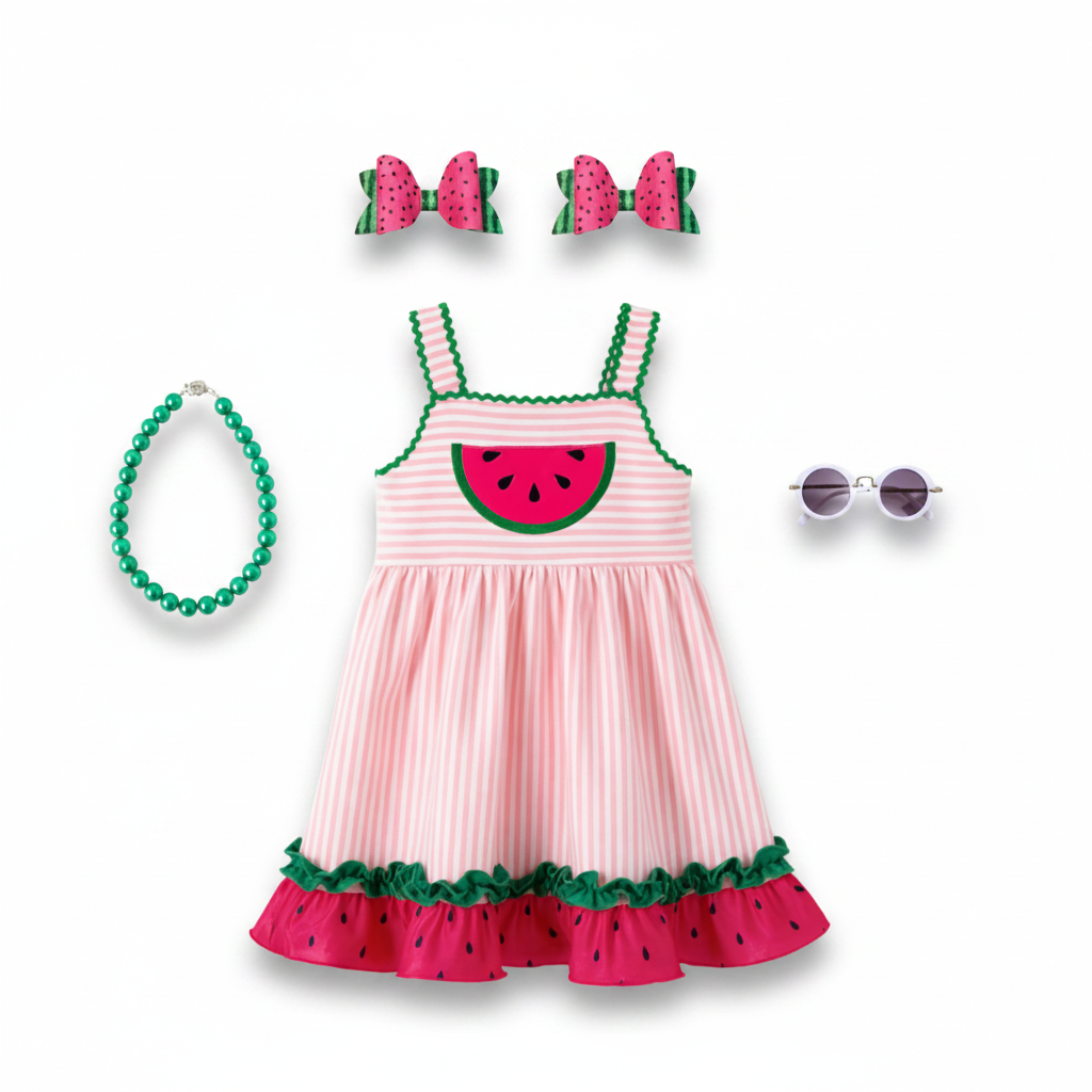 Summer watermelon boutique dress for toddler girls featuring a pink watermelon theme, striped A-line silhouette, and tiered ruffle, kids online boutique clothing, trendy summer dresses